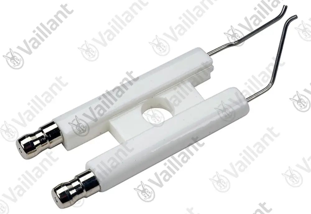 Vaillant Elektrode für Zündung, bestehend aus zwei Metallenden und einem weißen Kunststoffkörper mit Halterung.